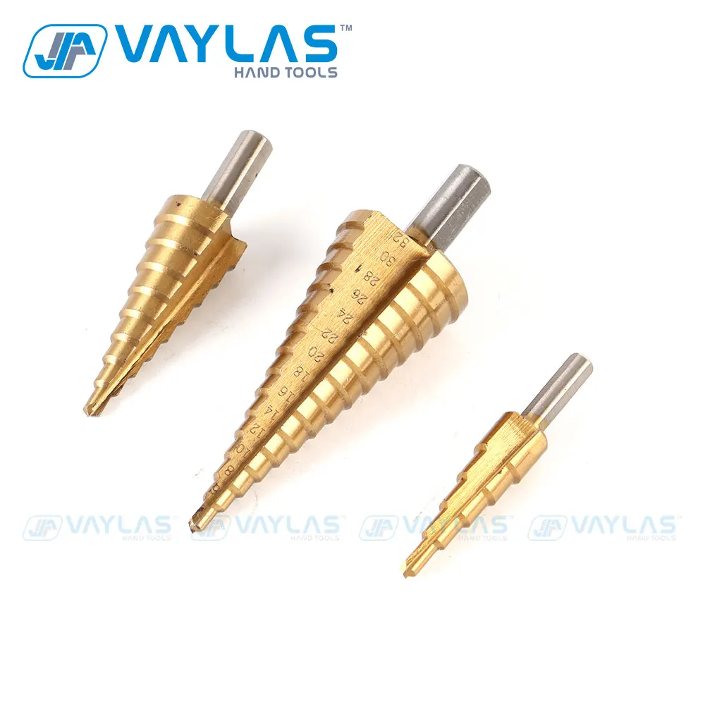 Vaylas 3-PACK HSS Step Drill Bit Straight Groove Titanium Coated Wood Metal Hole Cutter High Speed Steel Core Drill Bit