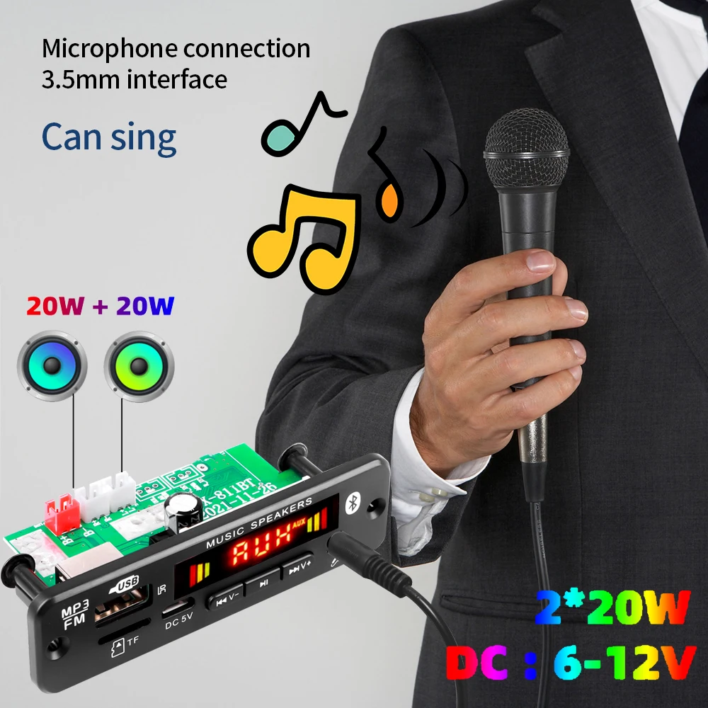 Автомобильный декодер 12 В Bluetooth MP3 FM-радио USB TF усилитель мощности 2*20 Вт
