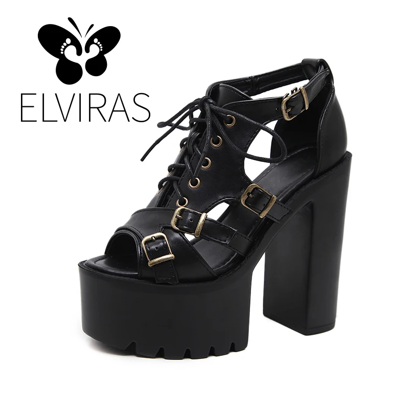 

ELVIRAS 2019 New Black heels Rome Open toe sandals thick heels platform casual high-heeled shoes sexy fashion women's shoes