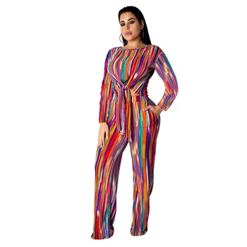 

2 Piece Set Women Spring Fashion Rainbow Stripe Print Suit Office Ladies Clothing O-Neck Long Sleeve Tops+Wide Leg Pants Sets