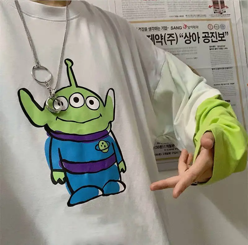 NiceMix в Корейском стиле 90-х Для женщин Harajuku Лето поддельные из 2 предметов футболки с аниме рисунком Kawaii Alien 3 с принтами в виде глаз; хорошее качество футболки