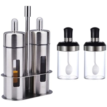 

1 Pcs Double Head Soy Sauce Bottles & 2 Pcs Glass Spice Jar with Serving Spoon and Screw Lid Seasoning Box