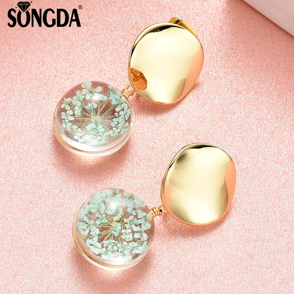

SONGDA New Arrival Transparent Ball Dried Flower Earrings Gold Color Sequin Dangle Hanging Earrings Wedding Bridal Jewelry Gifts
