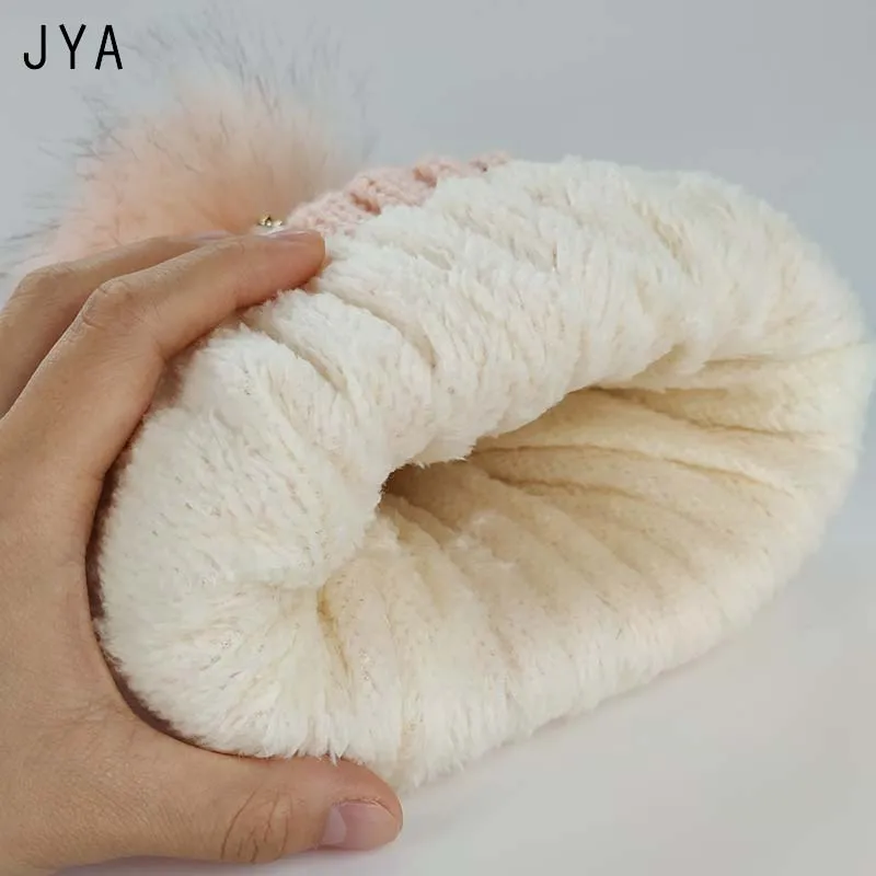 Высококачественные вязаные повседневные шапочки Skullies Beanies для женщин из искусственного меха с помпоном, однотонные осенние модные толстые кашемировые зимние шапки