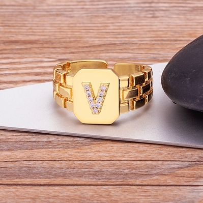 Arrival Fashion Gold Color Initial Ring Open Design Adjustable Hot Sale Watchband Chain A-Z Letters Zircon Rings For Women