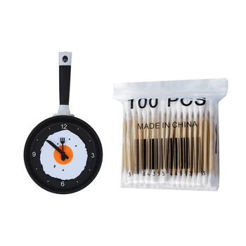 

Frying Pan Clock with Fried Egg - Cafe Wall Clock Kitchen - Green with 1000PCS Beauty Makeup Cotton Swab Double Head