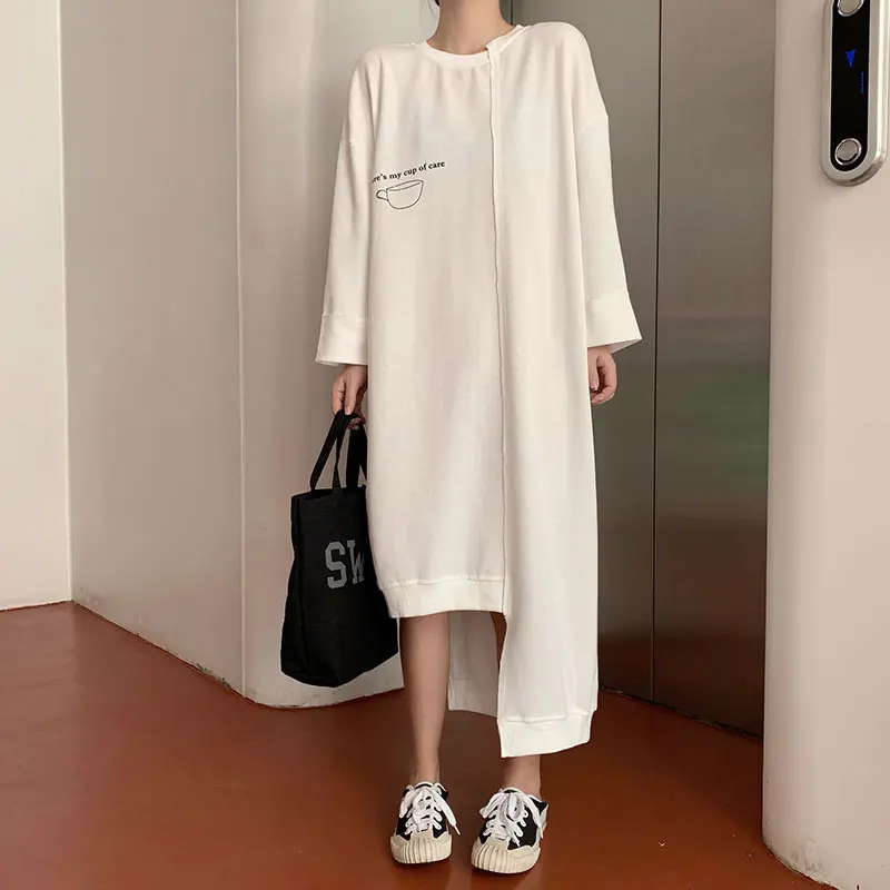 white WLD2996 XITAO асимметричное длинное платье с буквенным принтом для женщин, плиссированное, белое, черное, пуловер, Осеннее корейское модное Свободное платье, WLD2996 - Цвет: white WLD2996