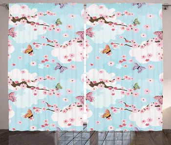 

Japanese Curtains Spring Flower with Birds and Butterflies Freshening Sublime Sky Scenery Charm Print Living Room Bedroom Window