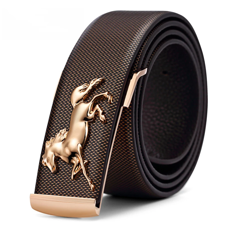 

2019 designer belt high quality men's fashion gold horse luxury smooth buckle genuine leather belt jeans strap