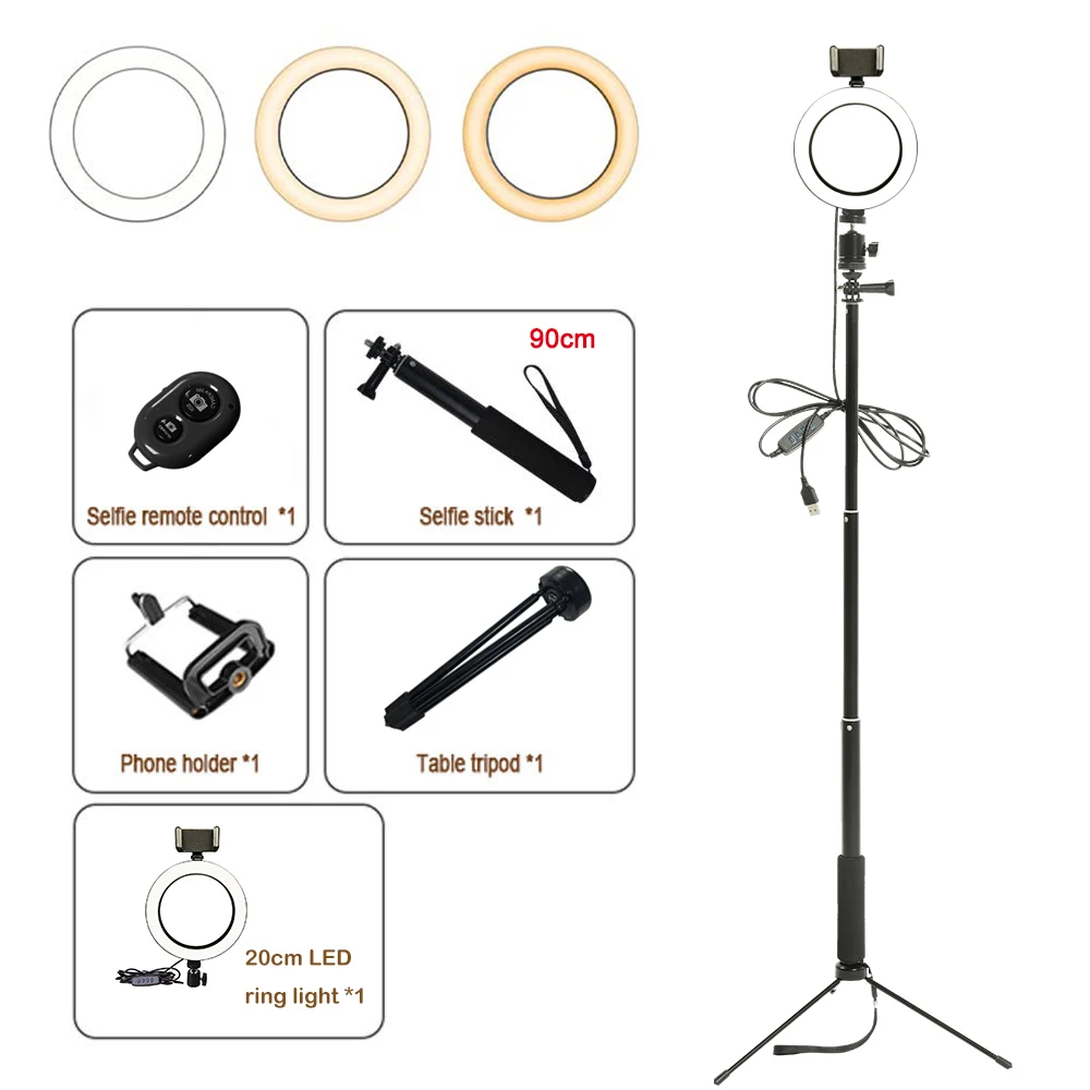 

8 Inch Photography LED Light Tripod Ring Lamp Set Youtube Video Live Photo Studio Selfie Stick Make Up Light with Phone