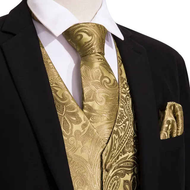 4PC Mens Extra Silk Vest Party Wedding Gold Paisley Solid Floral Waistcoat Vest Pocket Square Tie Suit Set Barry.Wang BM-2017 5