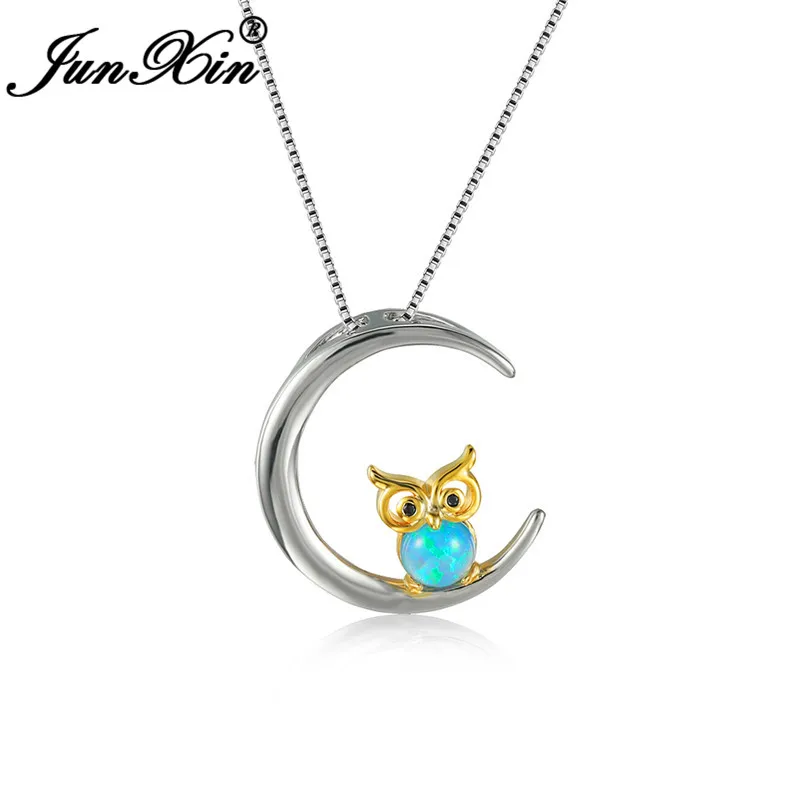 Blue Opal Necklace Женские милые Подвески в виде животных Совы Синий огненный опал ожерелье s для женщин 925 серебряный цвет Милая луна ожерелье свадебное циркониевое ювелирное изделие - Окраска металла: Blue Opal Necklace