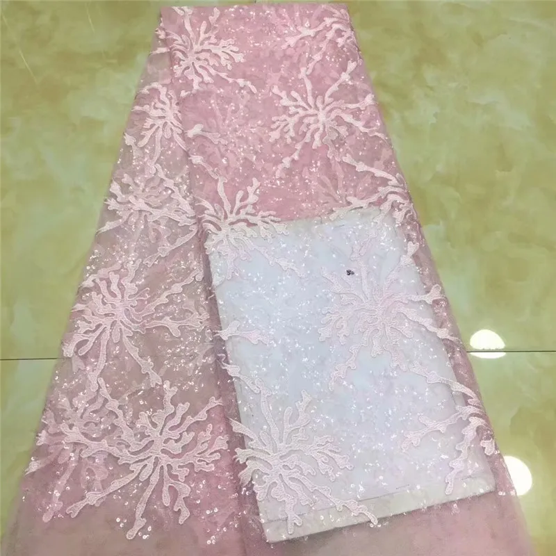 

High Quality Sequins Pink Guipure French Net Lace Mesh Nigerian Lace Fabrics Cheap Embroidered African Lace Fabric