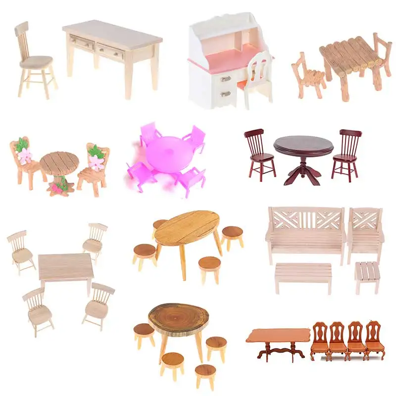 

1Set Wood Plastic Teatable Coffee Living Room Kid Toy Dining Table Chair Model 1:12 Dollhouse Miniature Furniture Toy Set