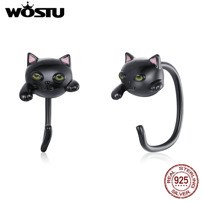 

Wostu 2021 Earrings 925 Sterling Silver Small Black Cat Stud Earrings for Women Fine Jewelry Brincos Gift DXE1125
