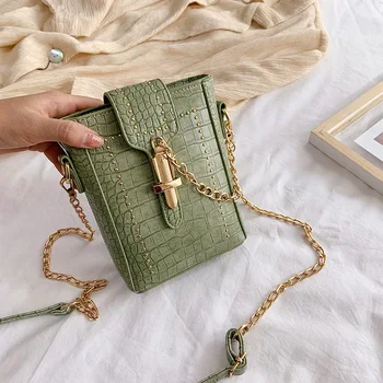 

2021 spring new European and American style crocodile pattern chain bucket bag simple fashion shoulder messenger PU female bag