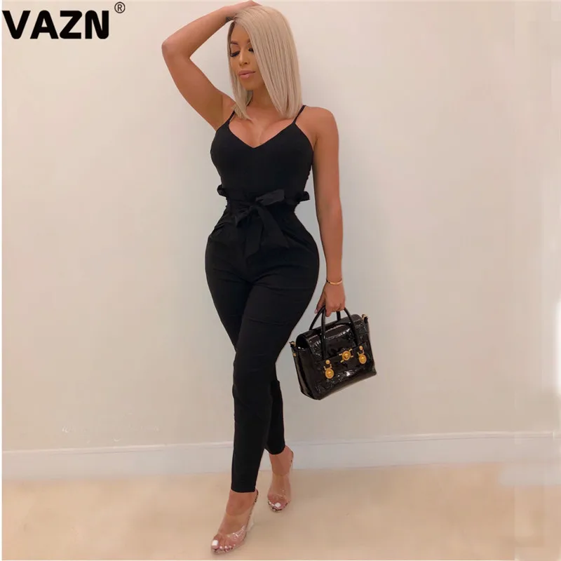 VAZN GDAN18121 new fashion women black solid jumpsuit sleeveless long pant jumpjsuits v-neck sexy club bandage wind rompers