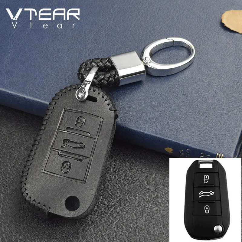 Vtear чехол для автомобильных ключей из натуральной кожи для peugeot 3008 3008GT 5008 аксессуары для интерьера авто Защитная крышка автомобильный брелок - Название цвета: ordinary black