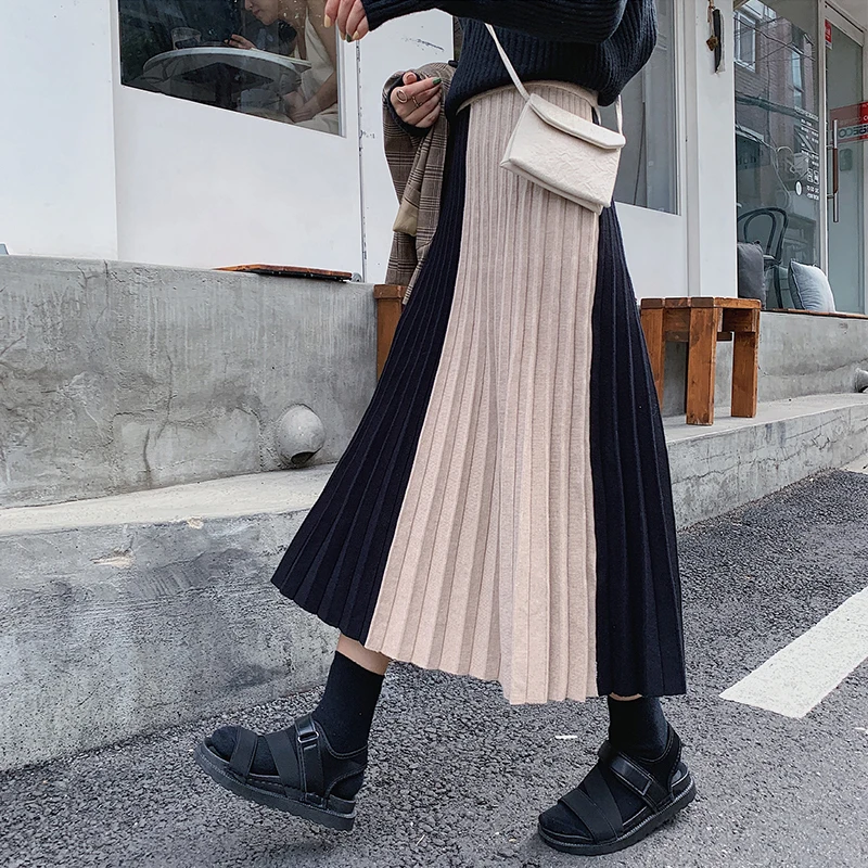 

Winter Women Pleated Skirt Patchwork Knitted Skirt High Waist Long Half-body Skirt