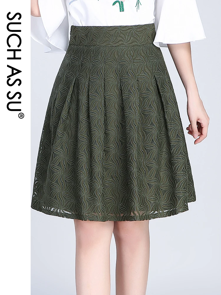 SUCH AS SU Women 2022 Spring Summer Lace High Waist Ladies Black Brown Green Knee-Length S-XXXL Size Female A-Line Skirt