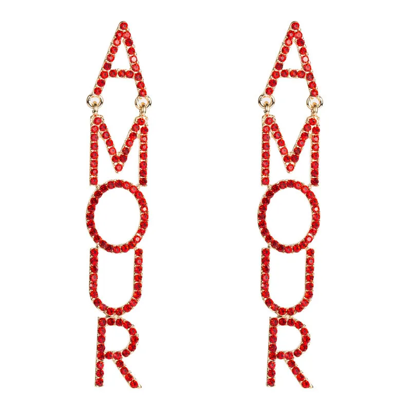 Серьги, модное ювелирное изделие, европейские преувеличенные буквы AMOUR, стразы, длинные женские модные вечерние серьги