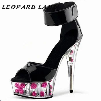 

LEOPARD LAND Heels Patent Leather Classic Buckle Fish Mouth Rose Bag Crystal Sandals Bag Super High Heels LYP