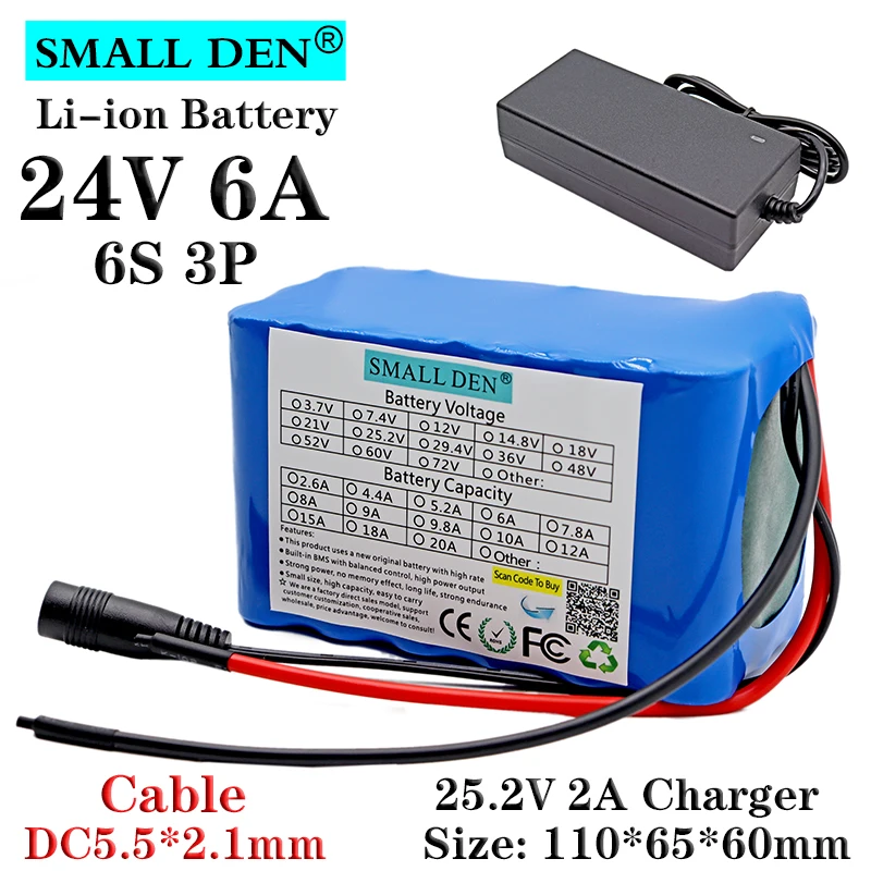 

24V 6Ah 18650 Li-ion Battery pack 6S3P 350W 6000mAh True capacity Electric bicycle Moped Motor Battery with BMS+25.2V 2A Charger