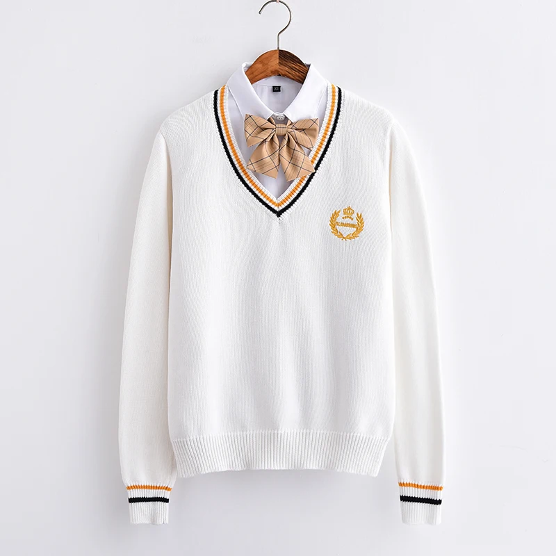 Only White Sweater Свитер с длинными рукавами на осень и зиму, с вышивкой короны, для девочек, с v-образным вырезом, свободный, плюс размер, JK, Униформа, хлопковый пуловер, топы в школьном стиле - Цвет: Only White Sweater