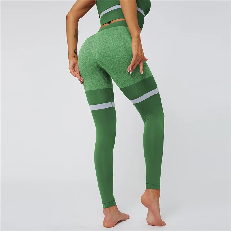 Полосатые, с высокой талией, для фитнеса, энергетические, бесшовные, для женщин, с контролем живота, компрессионные, для тренировок, леггинсы, с отверстиями, спортивные колготки, штаны для йоги - Цвет: Dark Green Pants
