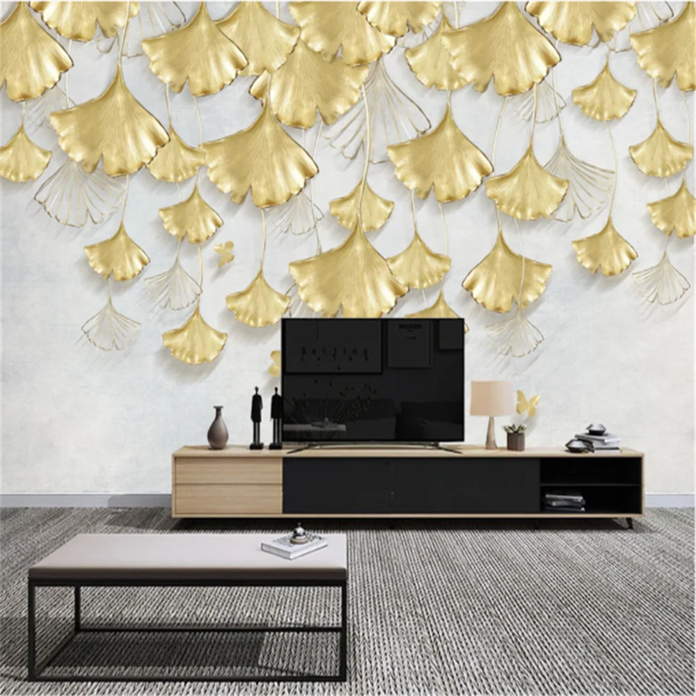 

Настенные обои на заказ, современный минимализм, золотой трехмерный лист гинкго, диван, фон для телевизора, настенная живопись