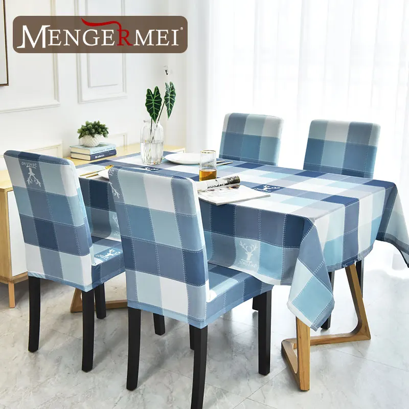 MENGERMEI Blue Grid Deer Graphic Tablecloth Cushion Cover Table Cover Dustproof Cloth Decor Furniture Dustproof Cover Home Hotel