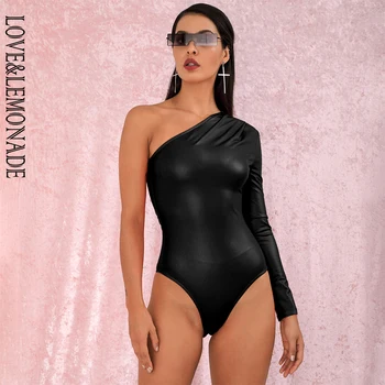 

LOVE&LEMONADE Sexy Black One-Shoulder Long-Sleeved Slim-Fit Elastic Matte PU Bodysuit LM82055