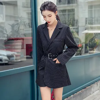 

2020 autumn new French simple striped women coat was thin wild long-sleeved blazer coat with belt