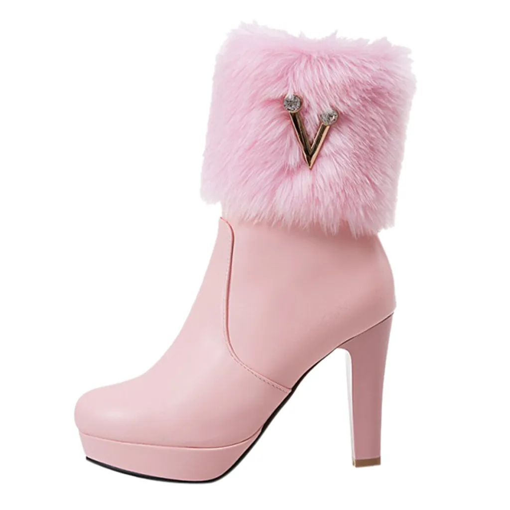 

Fashion High Heel Warm Booties Rhinestone Low Thick Heel Winter Boots Women Shoes Women Thigh High Boots Ladies Platform Boots
