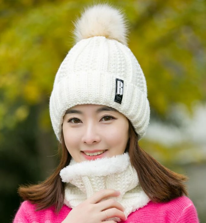 Теплая зимняя вязаная шапка для женщин, высокое качество, зимние шапочки для девочек, шапочки, Лыжная шерстяная меховая шапка, помпоны, шапки, вязаные шрам - Цвет: white2