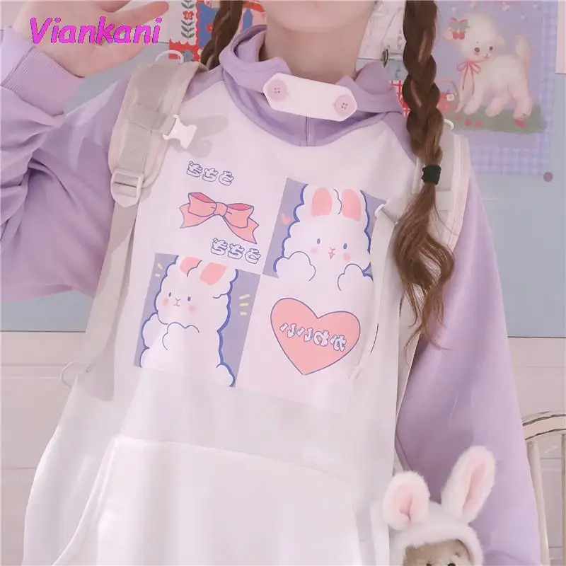 

Japanese Cartoon Rabbit Print JK Hoodies Women 2022 Harajuku Kawaii Purple Loose Pullovers Outwear Preppy Style Girls Cute Tops