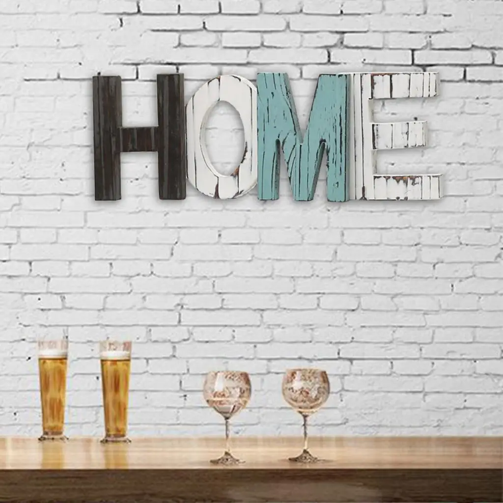 Rustic Wooden Block Home Sign, Cutout Letters Weathered Wood, Freestanding Alphabets for Decoration, Multicolored