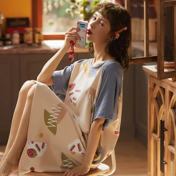 

Cute Cartoon Nightwear Women Cotton Sweet Princess Sleepwear Round neck Nightdress Loose Soft Nightgowns Summer Female Homewear