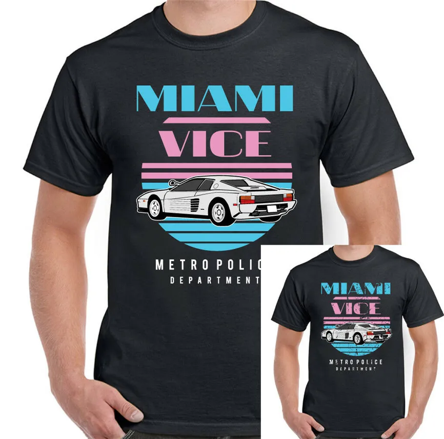 

Mens Classic Miami Vice Inspired T-Shirt With Ferrari Testarossa Tv Show 80'S Popular Tee Shirt
