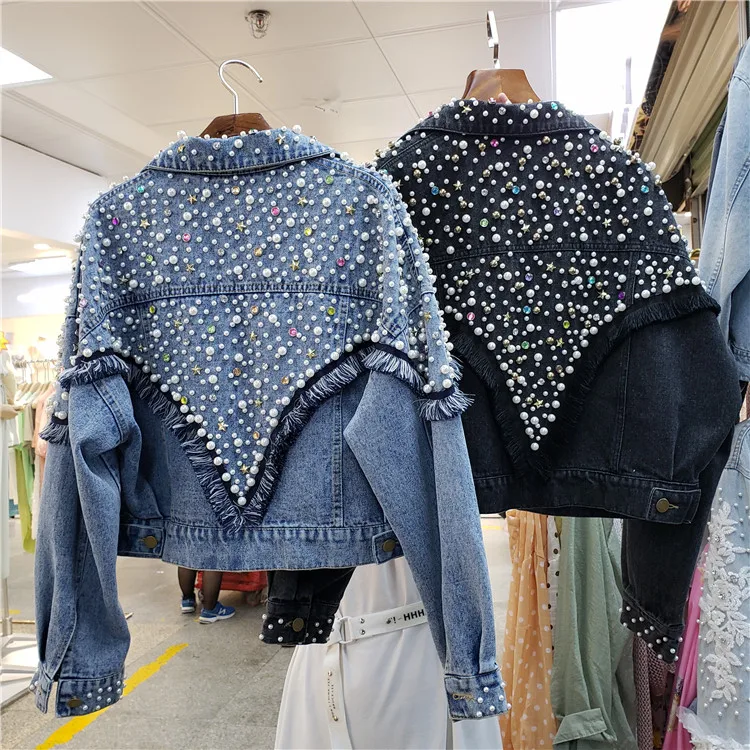 Chaquetas Mujer, осень, уличная одежда, джинсовая куртка для женщин, ручная работа, жемчуг, панк, кисточка, Veste Femme, свободные короткие джинсовые пальто