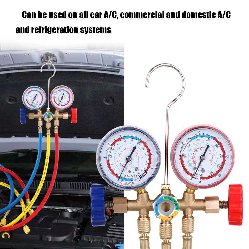 

Refrigerant Manifold Gauge Set Air Conditioning Tools with Hose and Hook for R12 R22 R404A R134A