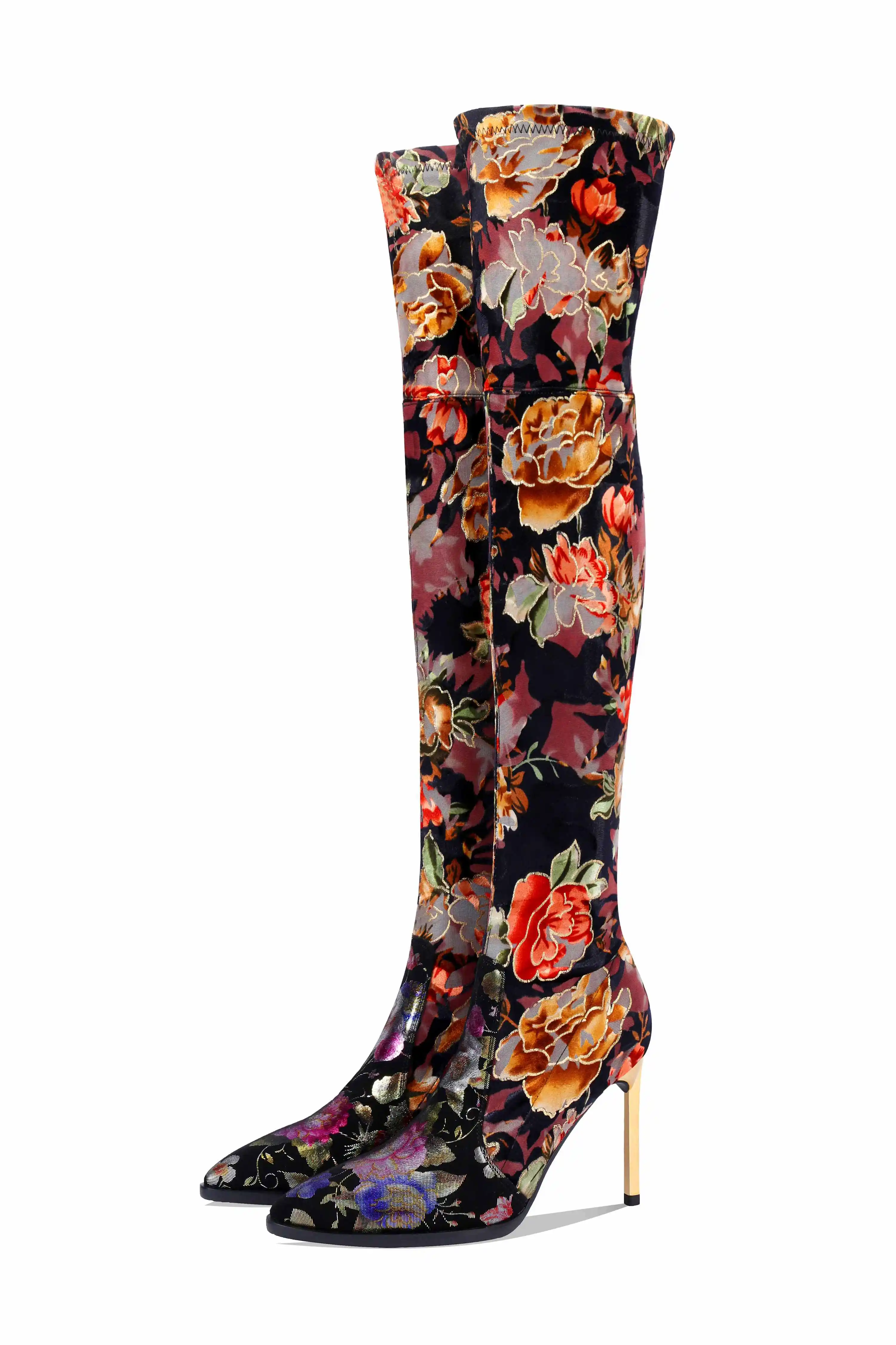 Special prints sheep leather pointed toe gladiator sexy party super high heels flower flock keep warm over-the-knee boots L06