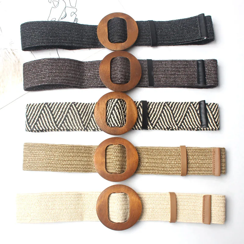 

GetSpring Women Belt Cotton Linen Woven Wide Belt Wooden Button Decorative Elastic Belts All Match Wide Waistband 2019 Fashion