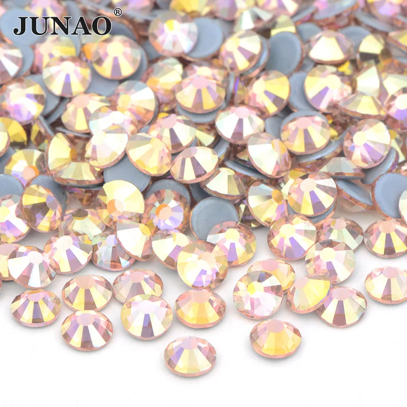 JUNAO SS 6 10 16 20 30 Wholesale AB Crystals Hot Fix Glass Rhinestone Flatback Iron On Strass In Bulk Hotfix Crystal Stones 