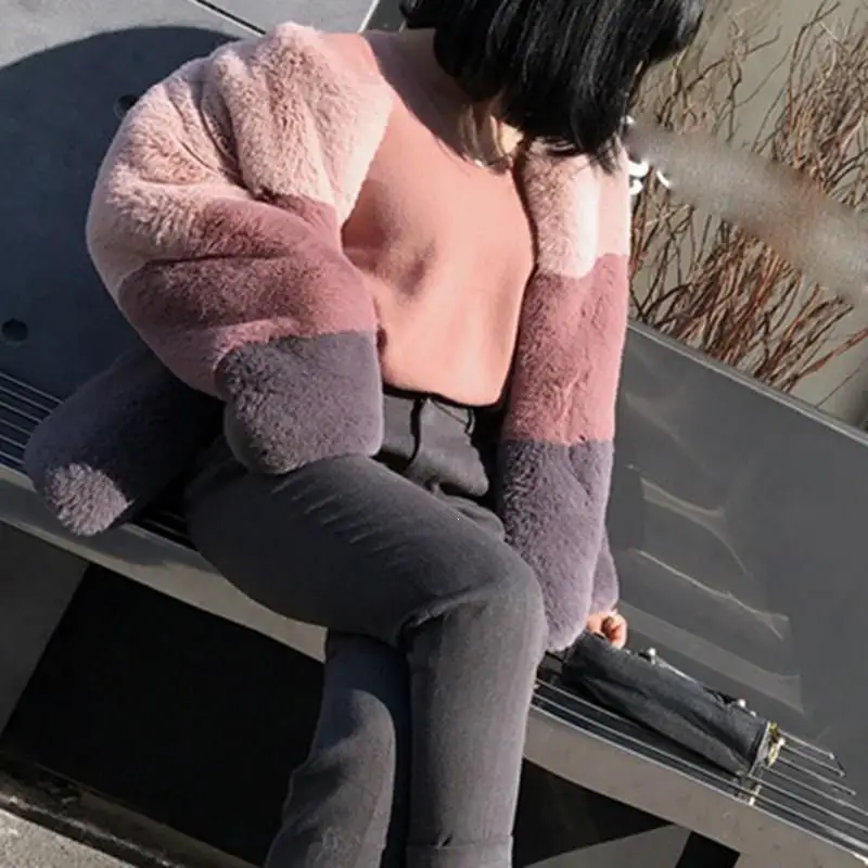Новые зимние женские короткие куртки из искусственного меха полосатые теплые плюшевые пальто с круглым вырезом и длинным рукавом меховые пальто