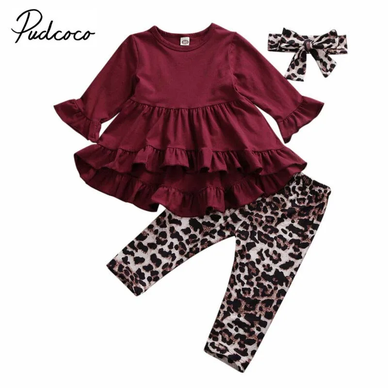 Brand Toddler Kids Baby Girl Ruffle Top Dress Leopard Print Pants Legging Outfits Set Kids Clothes Fall Children Set