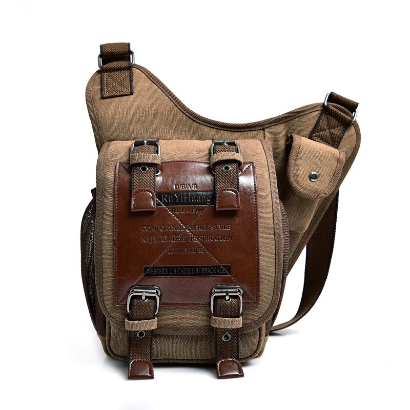 

Brand Leather Decoration Vintage Men Over The Shoulder Bags Male Small Sling Messenger Bag Canvas Military Saddle Bag