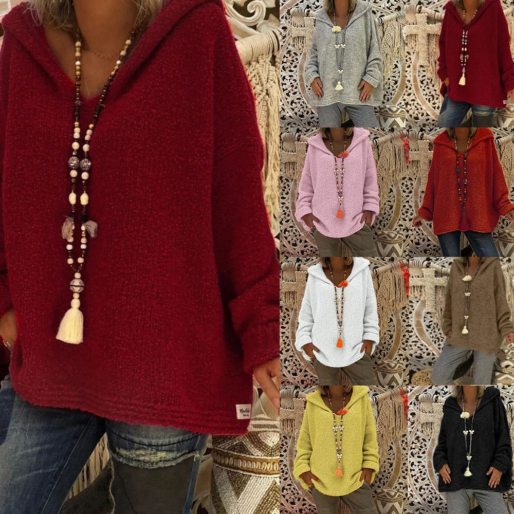 CYSINCOS осенне-зимний свободный женский свитер, однотонный вязаный Топ, Модный пуловер с v-образным вырезом размера плюс, женский свитер с капюшоном