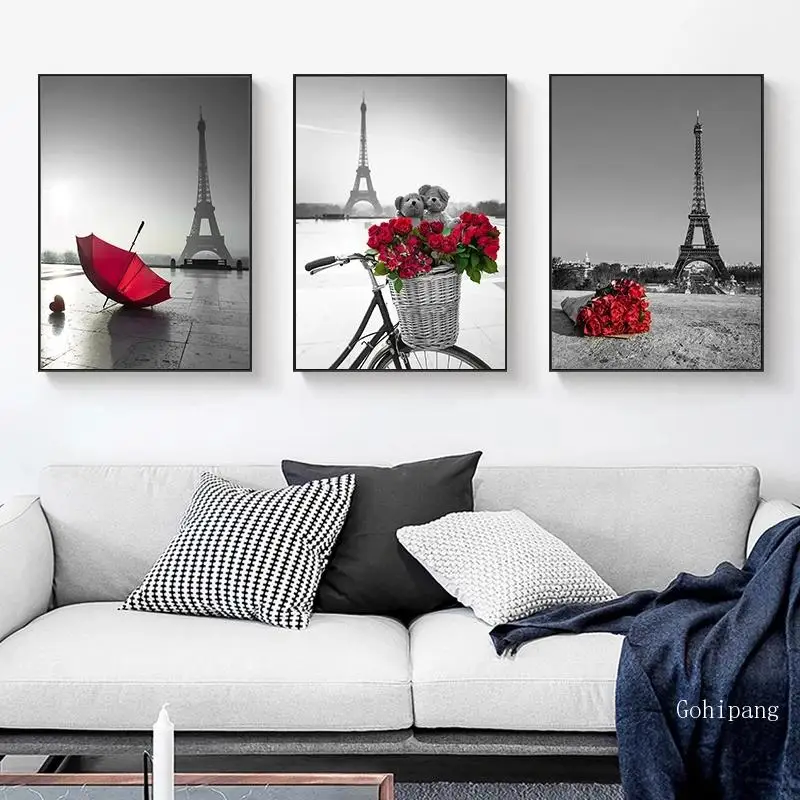 

Nordic Red Flower Rose Eiffel Tower Canvas Painting Wall Art Modern Posters and Prints Wall Pictures for Living Room Home Decor