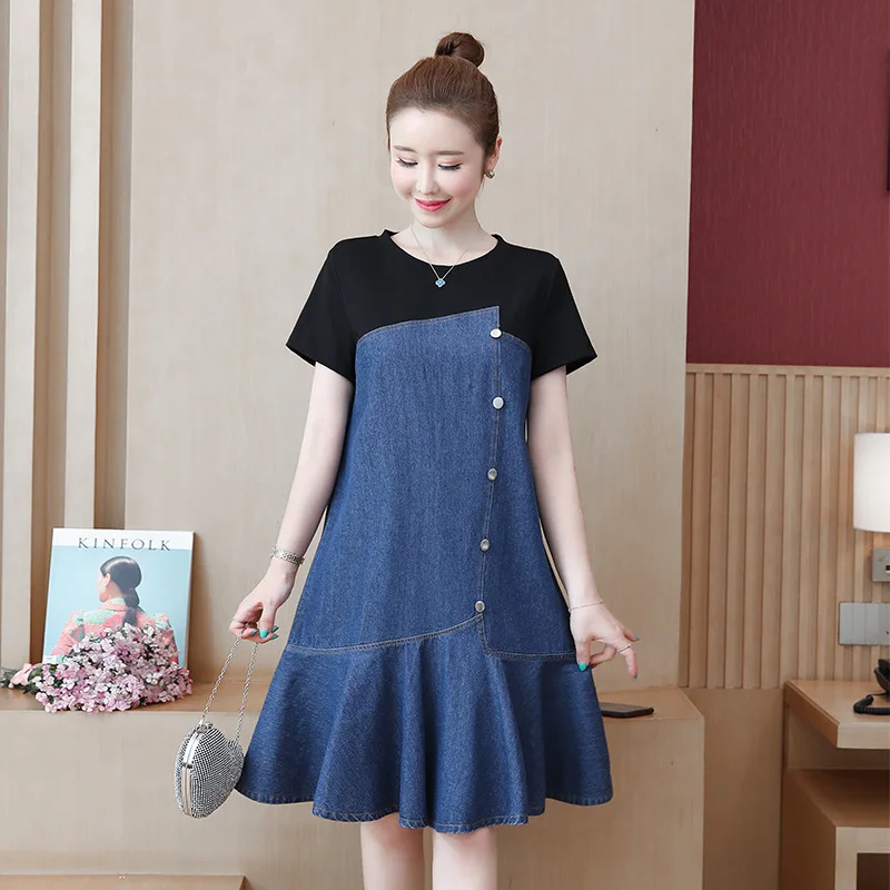 

Large Size Women Dresses Summer 2020 Elegant Fashion Short Sleeve Mermaid Ruffle Denim Dress Female Patchwork Vestidos Casuales